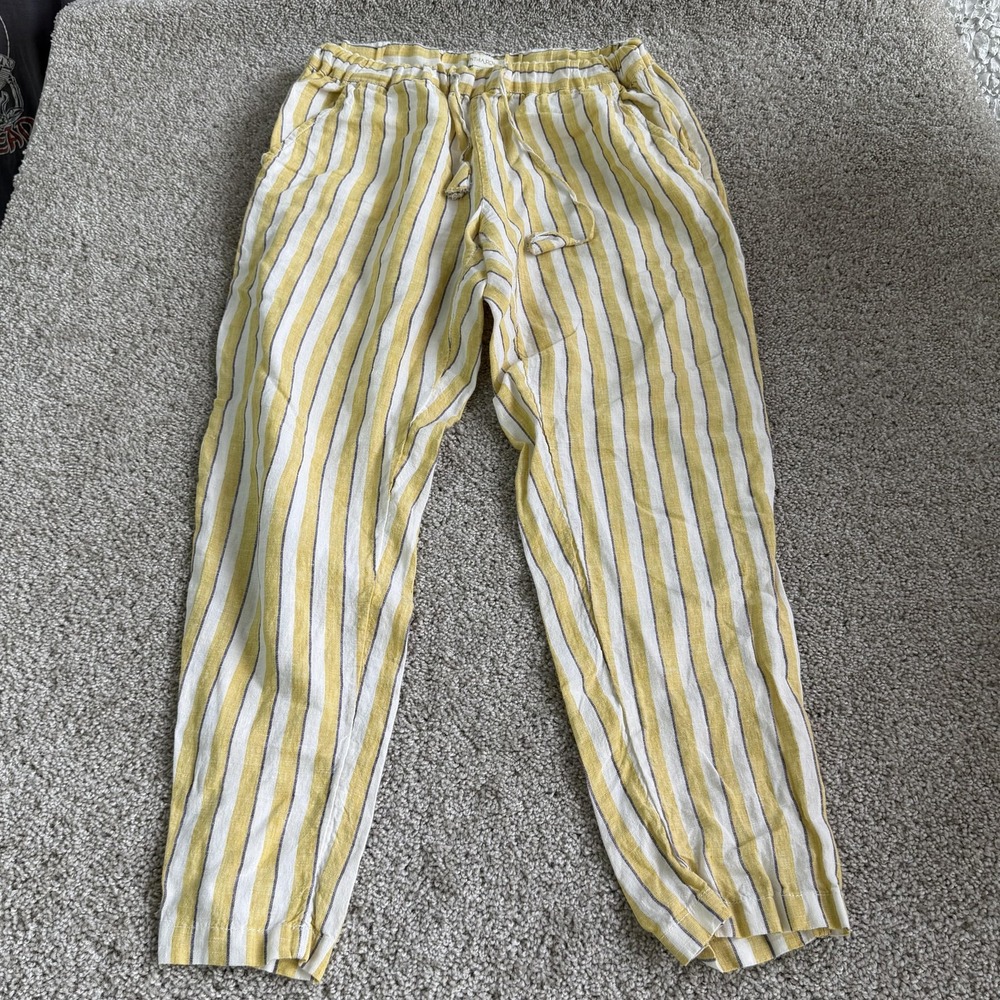 Cynthia Rowley Pants Womens M Yellow Striped Linen Jogger Elastic Waist Casual